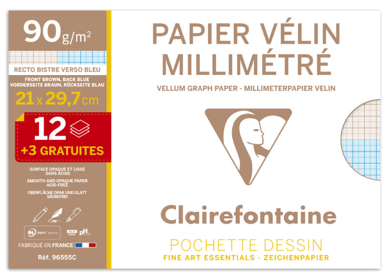 Clairefontaine Papier vélin millimétré, A4, pack promo