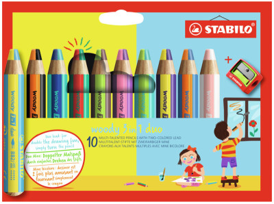 STABILO Crayon multi-talents woody 3 en 1 duo, étui de 10