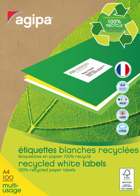 agipa Etiquette multi-usage, recyclé, 199,6 x 289,1 mm,blanc