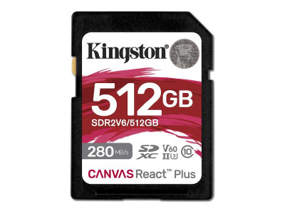 Kingston : 512GB SDXC CANVAS REACT PLUS U3 UHS-II 280R/150W V60 FULL HD/4K