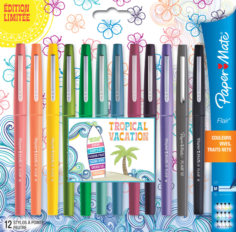 Paper Mate Flair Tropical Vacation - 12 Feutres - Assortiment de couleurs -  pointe moyenne 0.7 mm