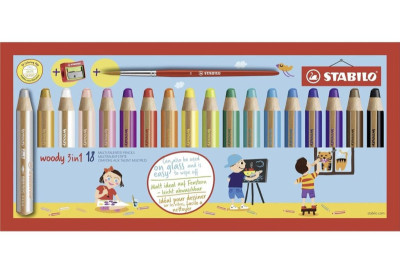 STABILO Crayon multifonctions woody 3 en 1, étui carton de 18 crayons ronds avec pinceau et avec taille-crayon en plastique inclus