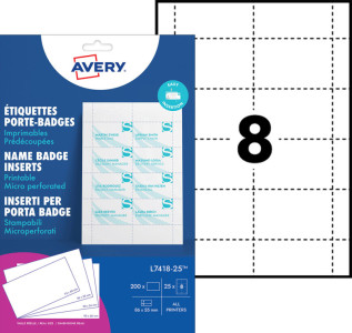 AVERY Inserts imprimables pour badges, 54 x 90 mm, blanc