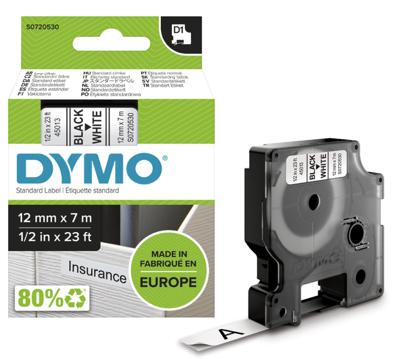 Cassette à ruban remplace Dymo 1868806 - 12mm lettrage Noir ruban