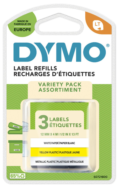 Ruban d'étiquettes en papier Dymo LT (91220) 12mm x 4m Noir sur