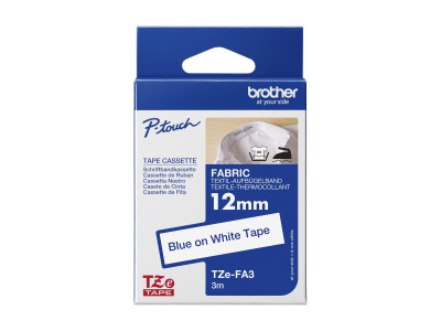 Brother TZE-FA3 ruban tissu P-Touch Bleu sur Blanc 12mm 7,99M