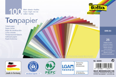 folia Papier teinté, A5, 130 g/m2, 25 couleurs assorties