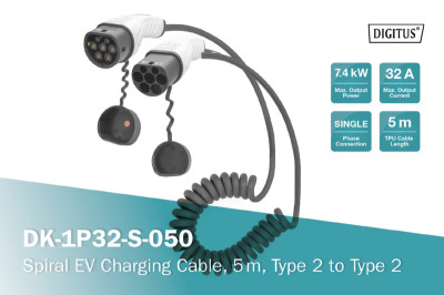 DIGITUS Câble de charge en spirale pour véhicules, type 2