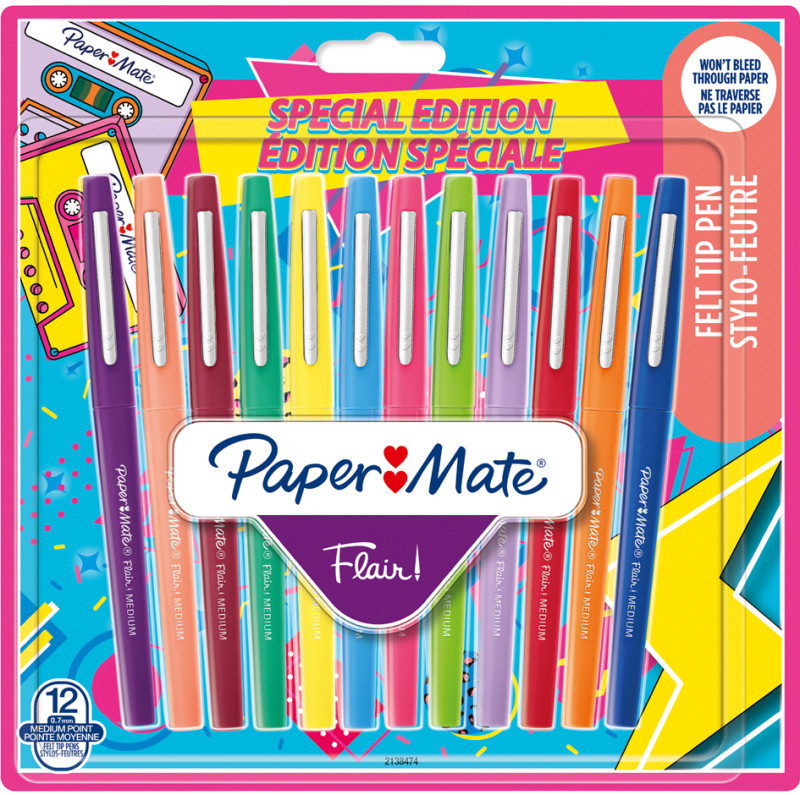 Paper Mate Flair Candy Pop - Stylo feutre à capuchon pointe moyenne 1 mm -  Pochette 16 couleurs assorties - Stylos feutres