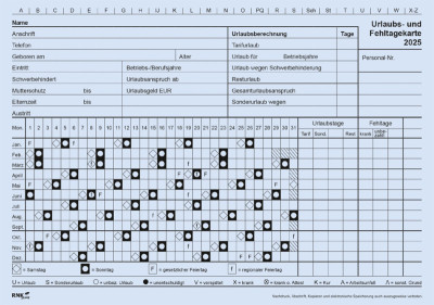 RNK Verlag Urlaubs- und Fehltagekarte 2025, DIN A5 quer