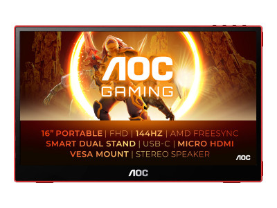 AOC : 16G3 B2C T3 15.6 16:9 WLED 1920X1080 144HZ 1X MICROHDMI 1.4