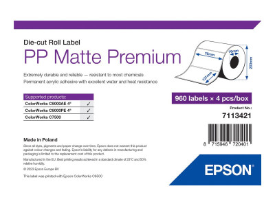 Epson : PP MATTE LABEL PREM DIE-CUT ROLL 76X127MM 960 LABELS