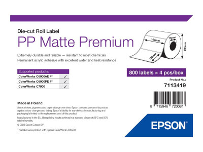 Epson : PP MATTE LABEL PREM DIE-CUT ROLL 102X152MM 800 LABELS