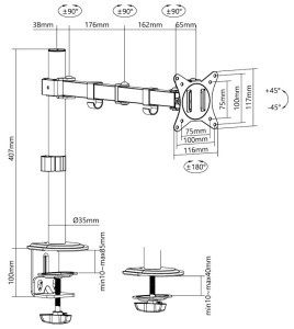 LogiLink Monitorarm, Armlänge: 376 mm, schwarz