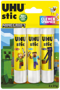 UHU Bâton de colle stic MINECRAFT, 3x 8,2g, présentoir de 12