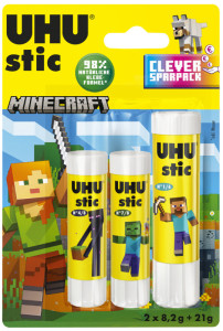 UHU Bâton de colle stic MINECRAFT, 3x 8,2g, présentoir de 12