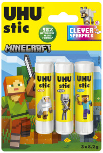 UHU Bâton de colle stic MINECRAFT, 3x 8,2g, présentoir de 12