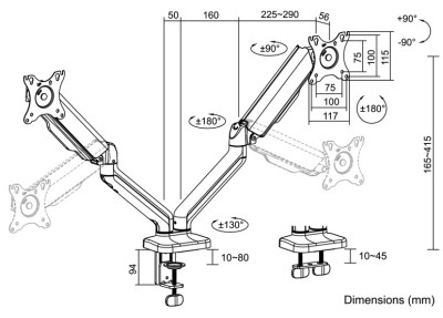 LogiLink Support double écran, alu, longueur bras: 450 mm